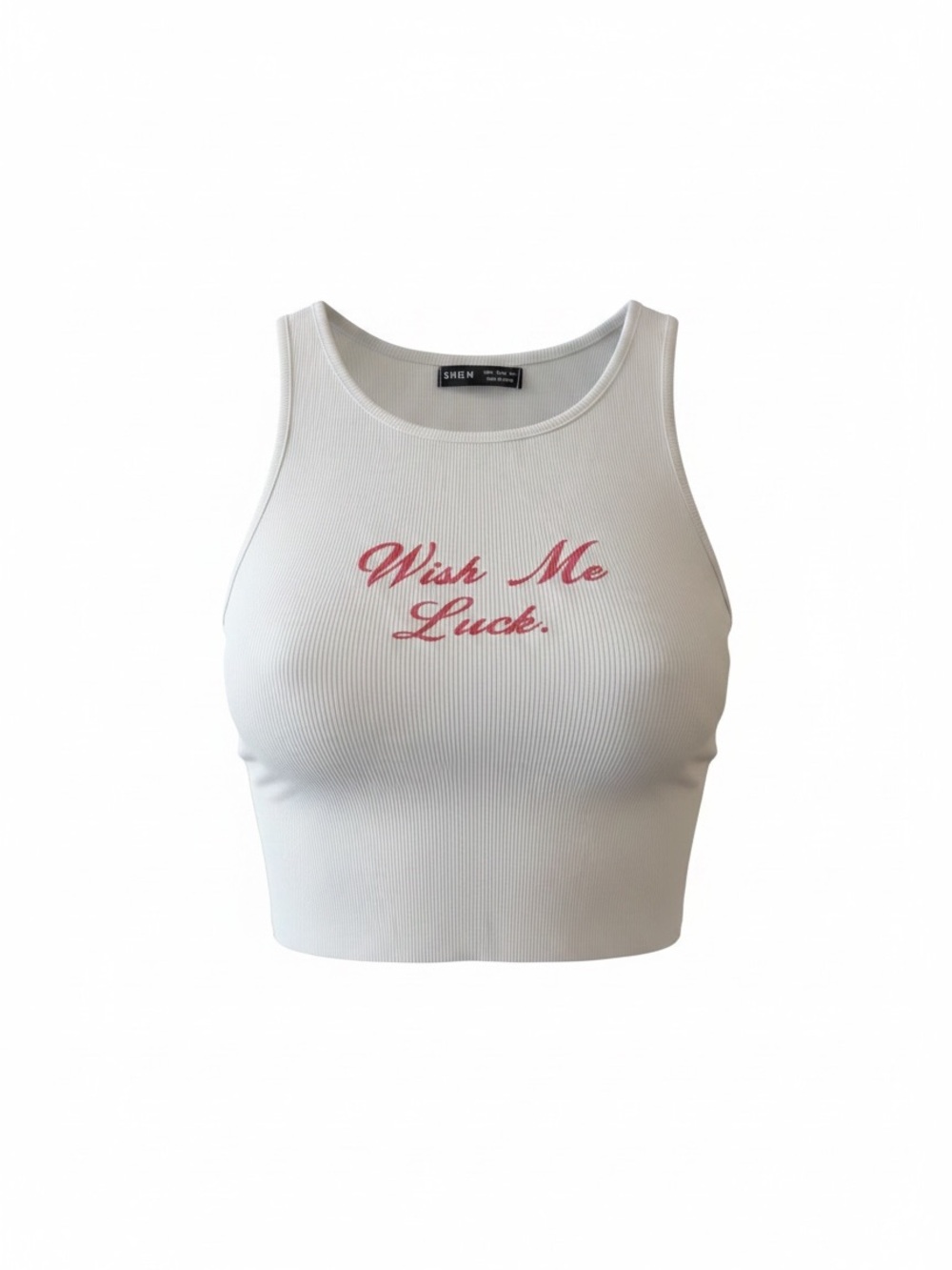 SHEIN White Ribbed Crop Tank with Pink 'Wish Me Luck' Script